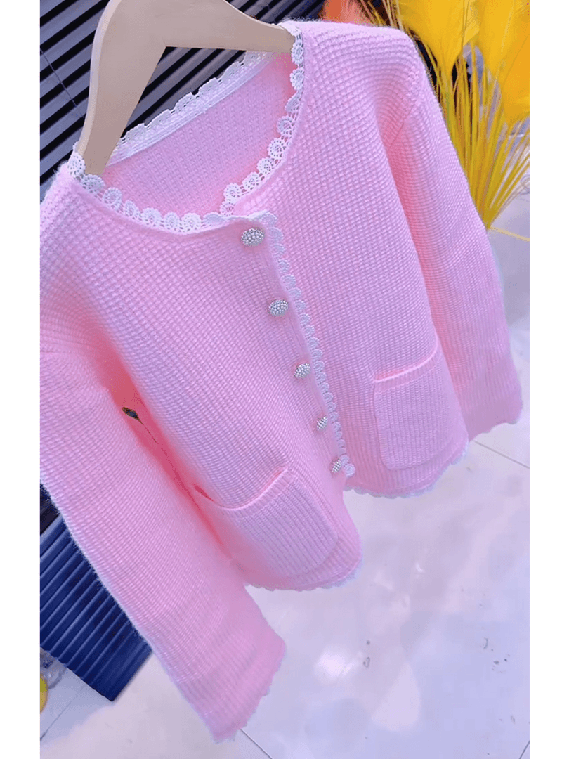 欧货时尚洋气个性潮流小花边拼接粉色上衣女2025秋季百搭休闲长袖