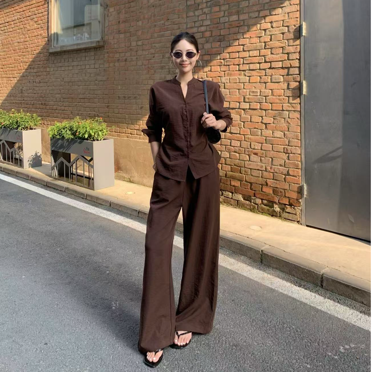 极简老钱风时尚套装时尚时髦衬衫长袖显瘦高腰系带休闲裤气质优雅