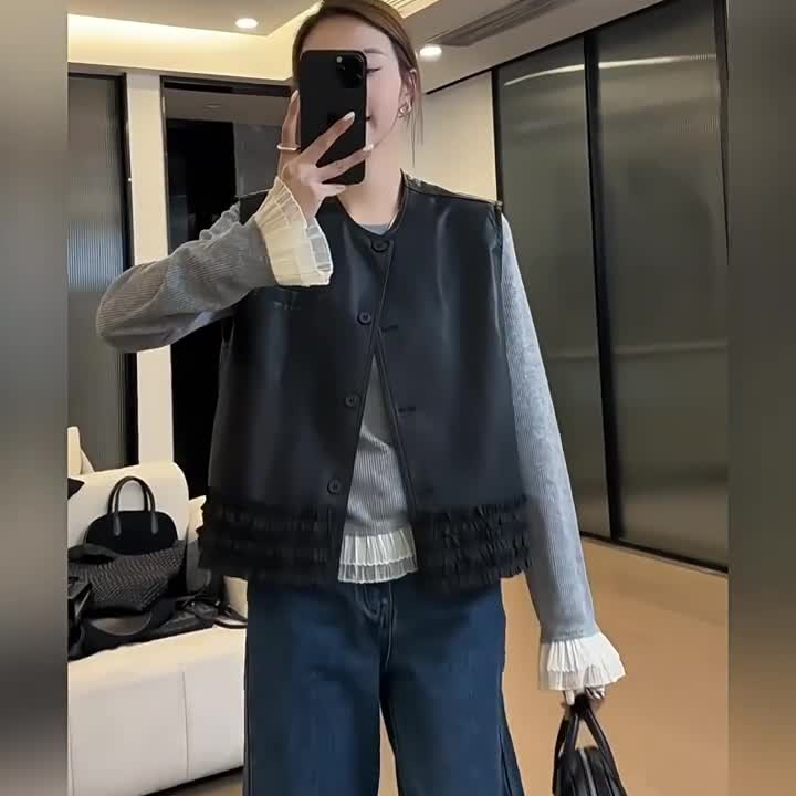皮马甲女春季新款小个子短款圆领黑色无袖柔软气质皮衣马夹2025年