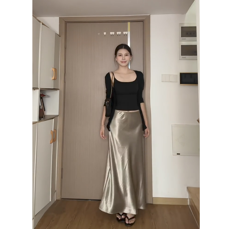 夏季中长款高腰显瘦包臀a字裙女法式复古香槟金醋酸缎面半身裙女