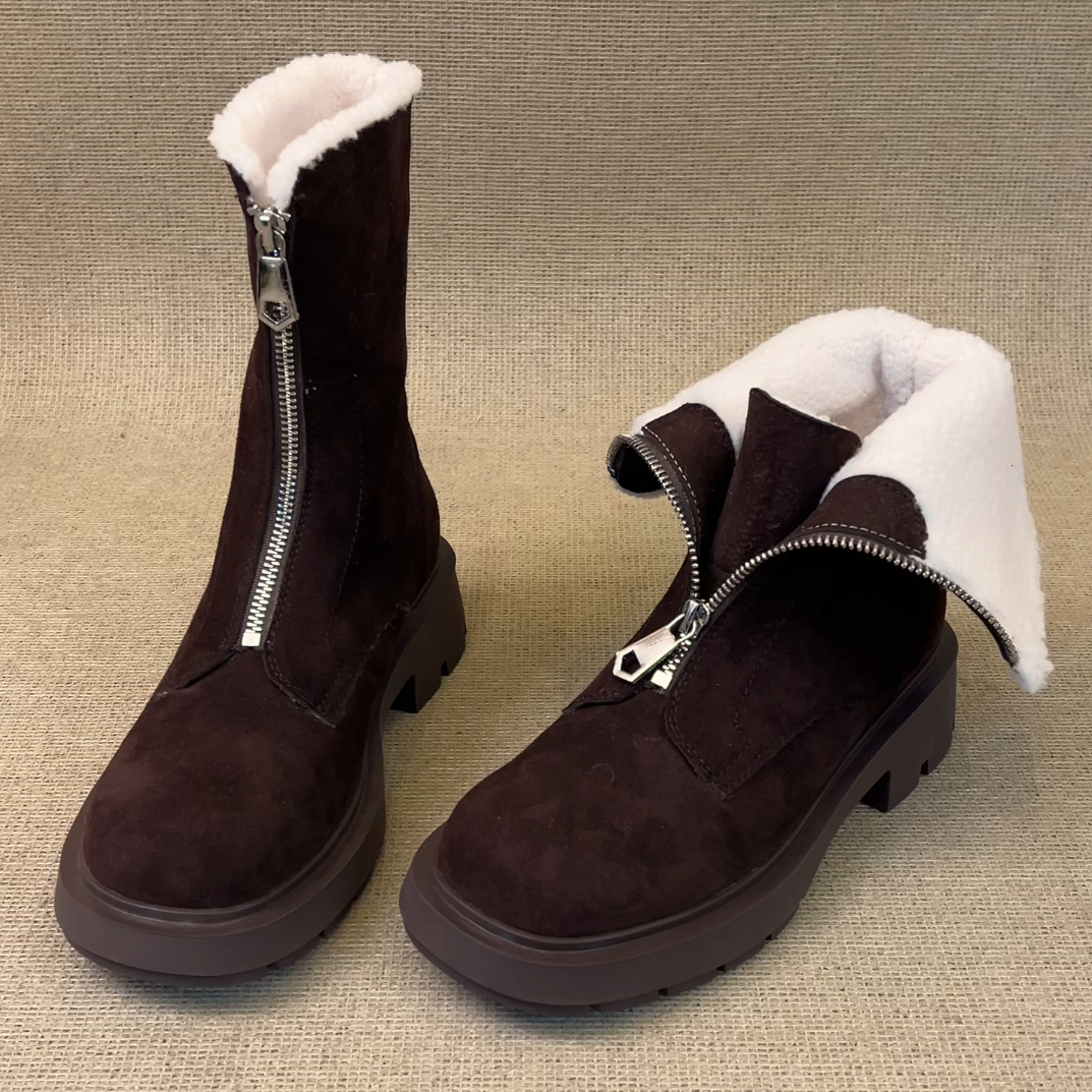 RubyL/4.5cm两穿翻边简约通勤磨砂前拉链圆头厚底加绒雪地靴女款