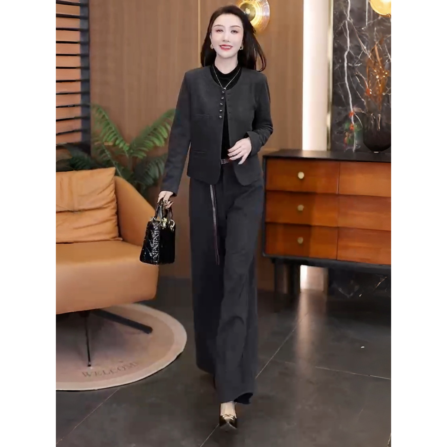 拉夏贝尔时尚百搭套装女2025秋季新款洋气外套阔腿裤巨好看两件套