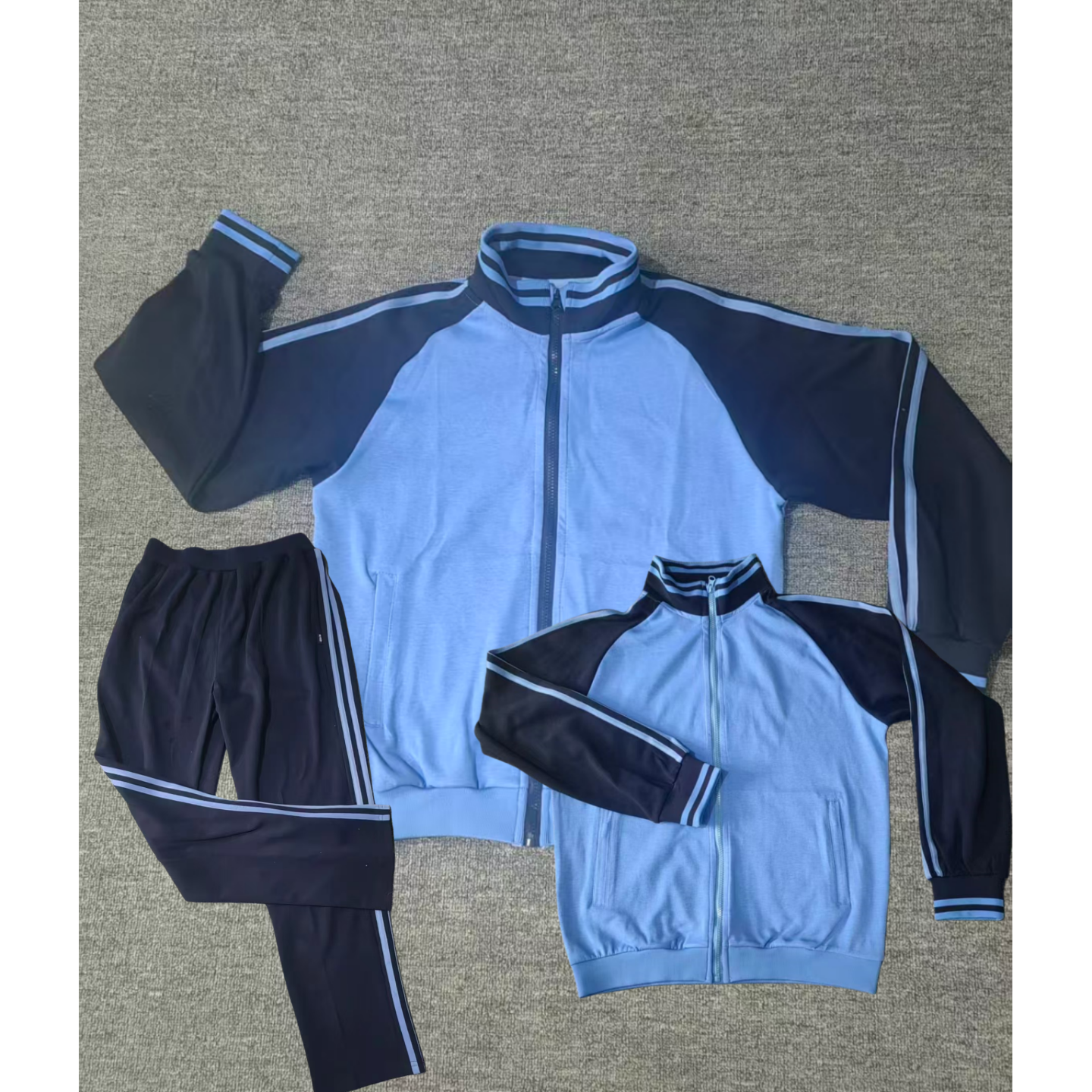 浅蓝藏青袖双蓝条运动套装/运动衣/运动裤