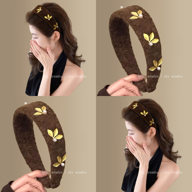 可可慕丝~秋冬新款毛呢宽边发箍复古美拉德金叶珍珠头箍旅行发卡