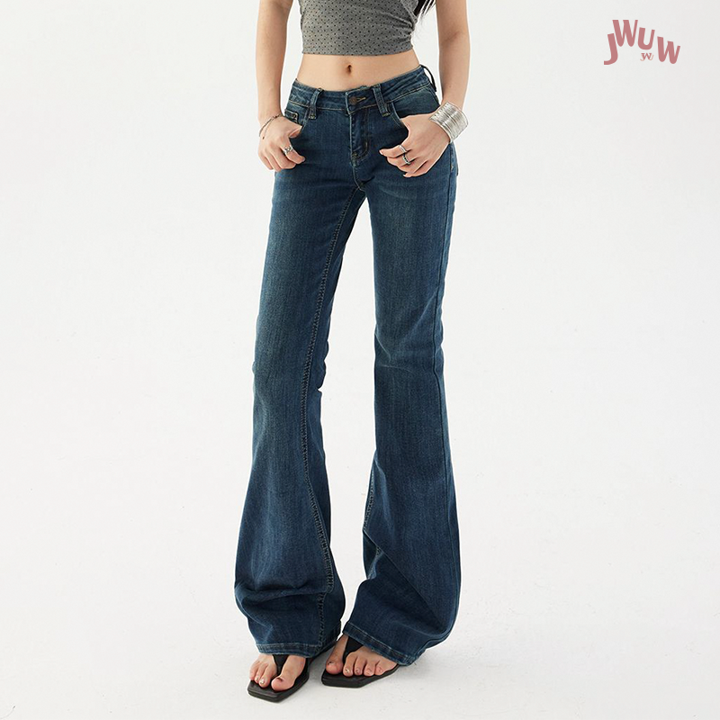 JWUW低腰辣妹微弹牛仔裤女修身显瘦喇叭裤拖地垂感微喇叭长裤