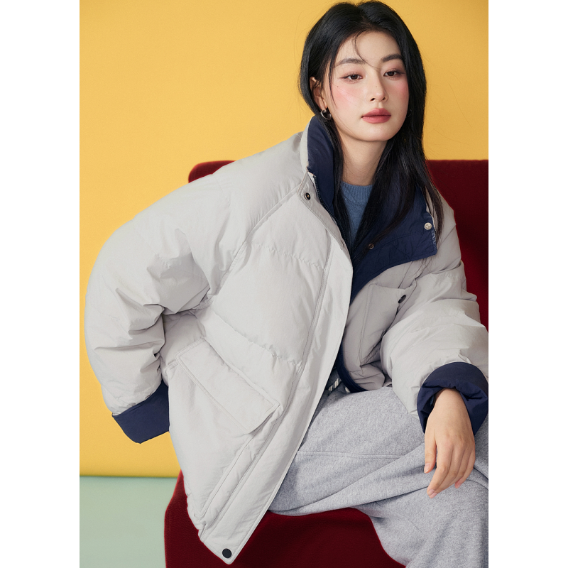 2025年冬季新款韩版撞色立领棉服女短款宽松加厚高级感小个子外套