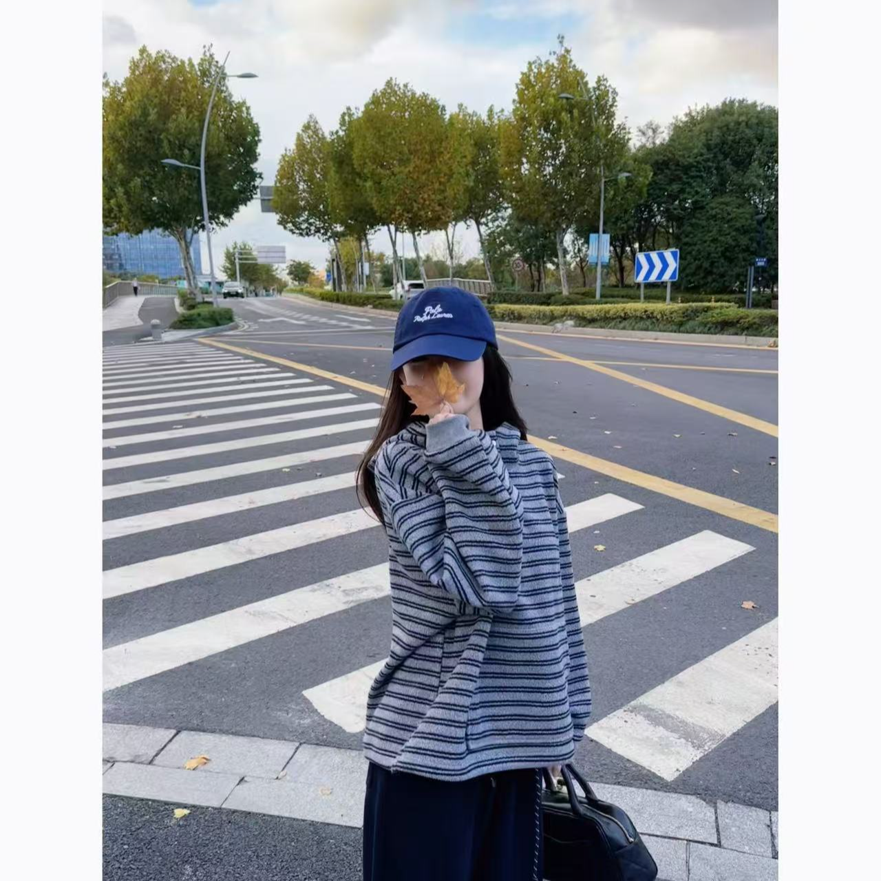 【痘痘私服】| 藏青灰条纹复合奥利绒连帽秋冬卫衣外套