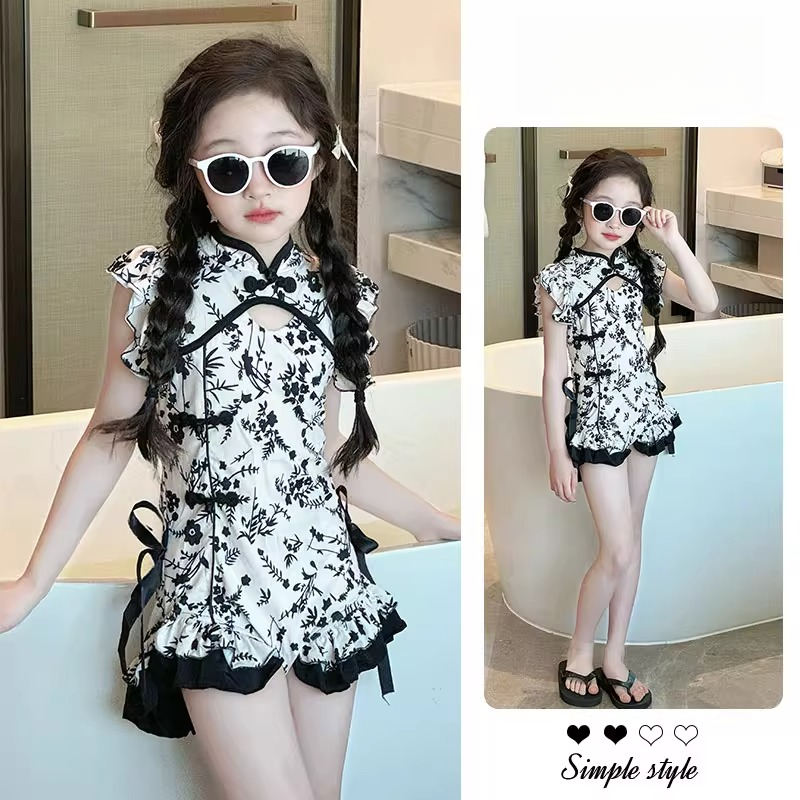 女童泳衣高颜值2025新款儿童洋气新中式水墨画连体泳衣女孩泳装夏