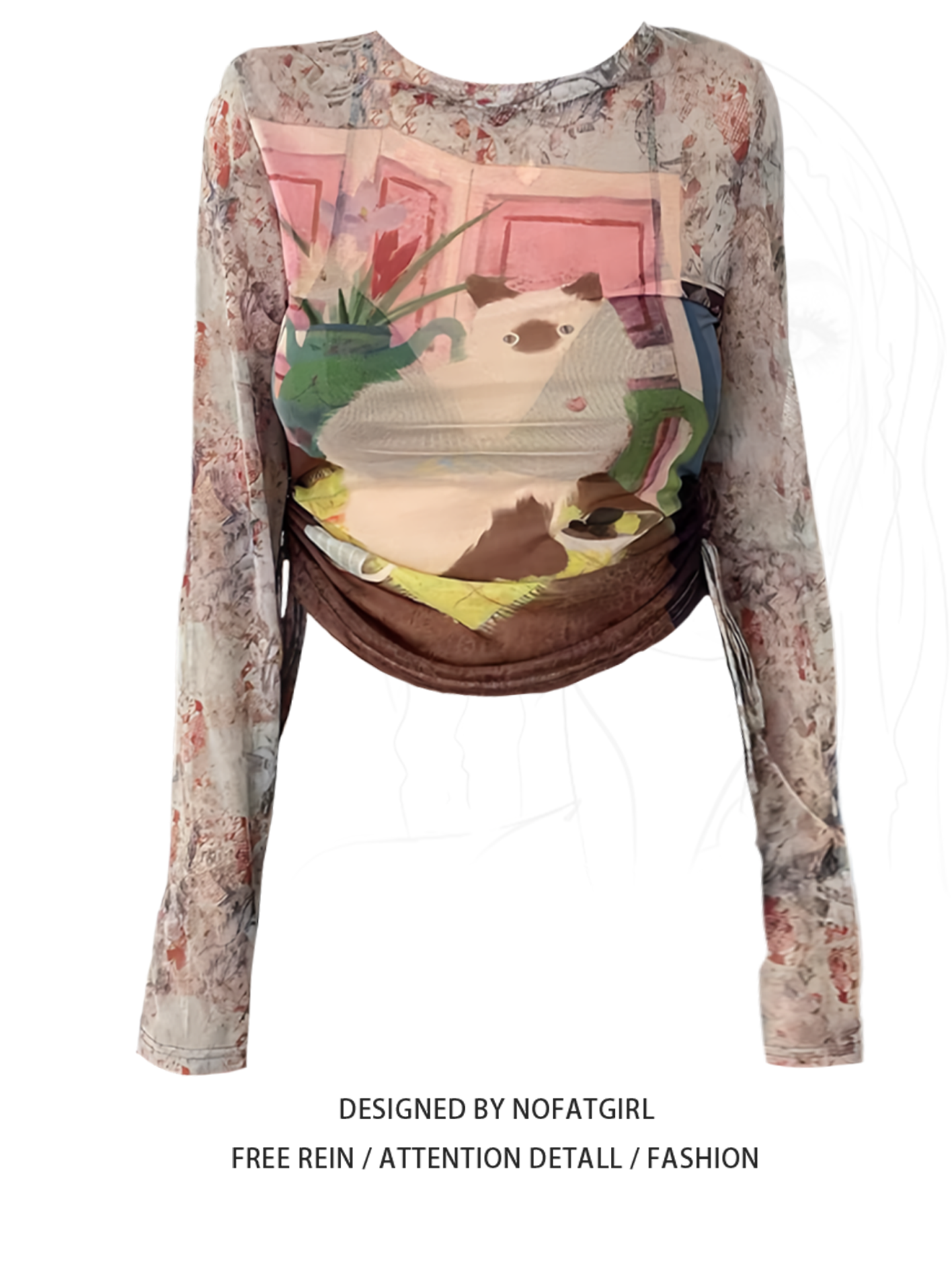 大码胖MM美式复古印花长袖T恤女早秋新款修身显瘦设计感小众上衣