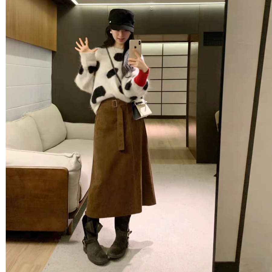 2026秋冬新款韩系俏皮波点印花宽松显瘦针织衫复古棕色半身裙套装