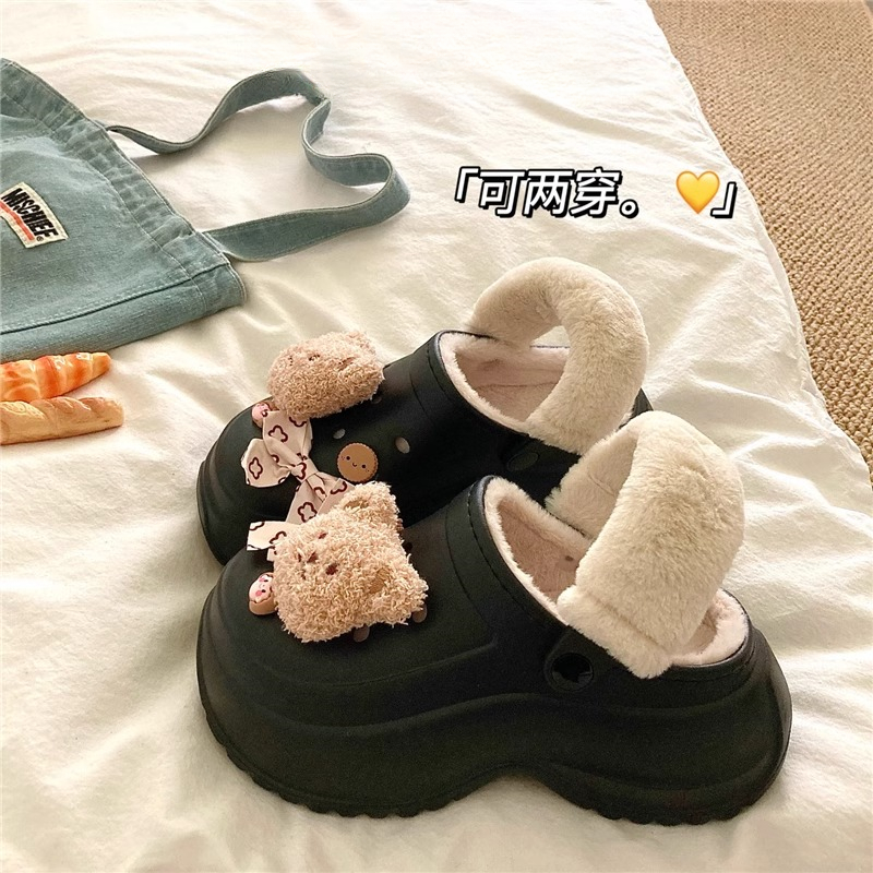 【6.0厚底】增高加绒洞洞鞋女秋冬新款室内家居包头外穿防水棉拖鞋