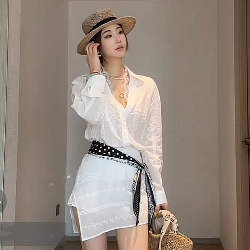 设计感蕾丝拼接老钱风高级提花衬衫套装女【丝巾以主播实物为准】