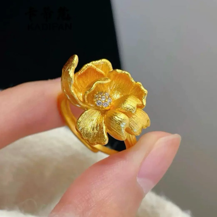 福韵天玺 铜合金锆石戒指 大芍药花手工优雅开口戒指轻奢百搭复古