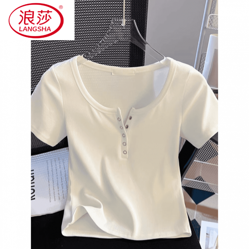 浪莎t恤2025短袖欲白色肩短款爆款夏季女新款修身正舒适露纯