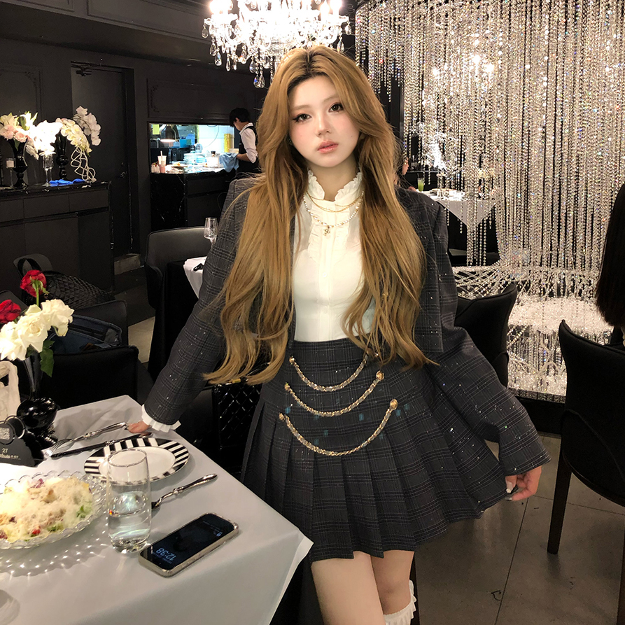 安妮不火【星夜笔记】小香风细闪千鸟格西装+百褶裙套组A253O0040