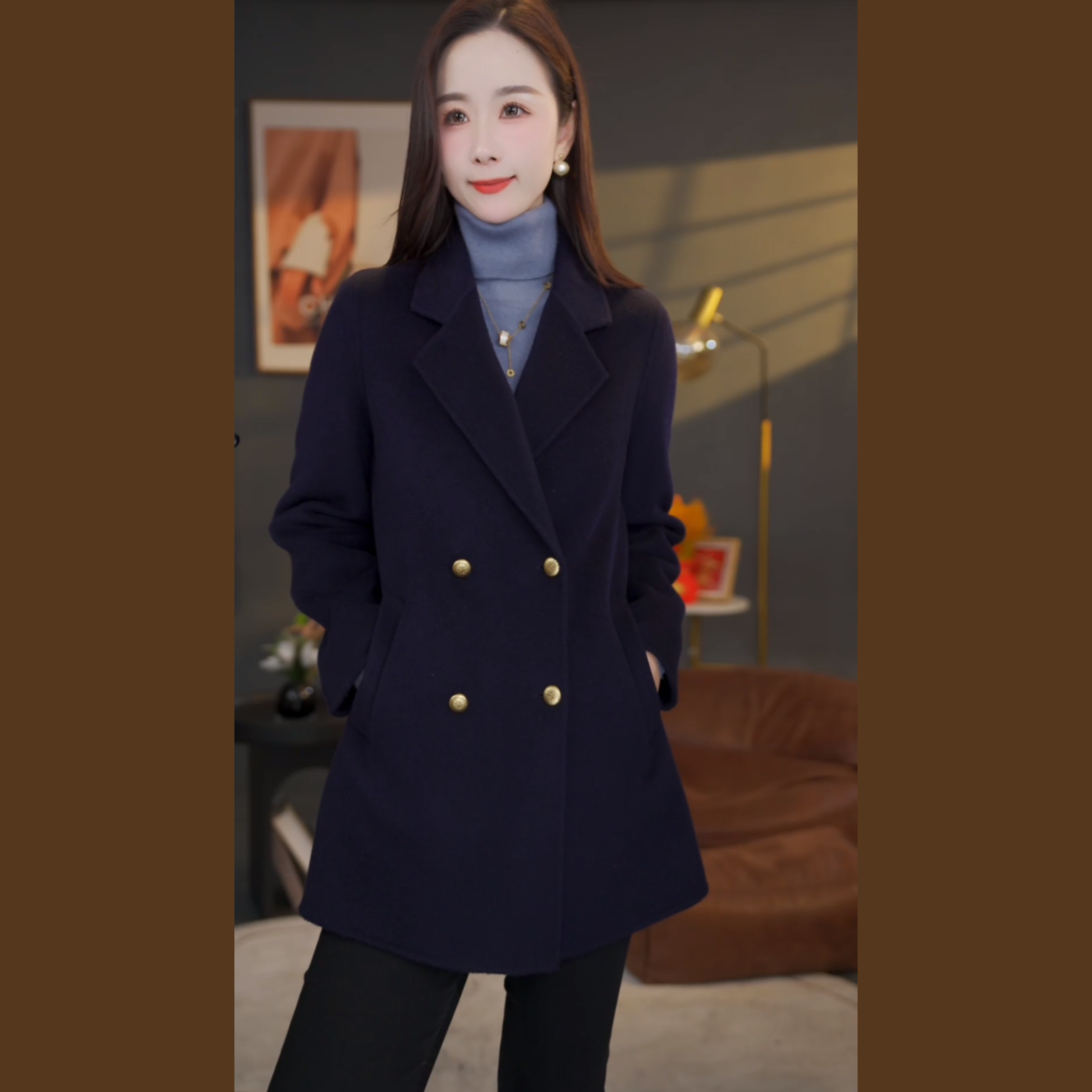 【杨杨专属】曼贝秋冬新款高端百搭长袖双面羊绒大衣8584043A海军蓝