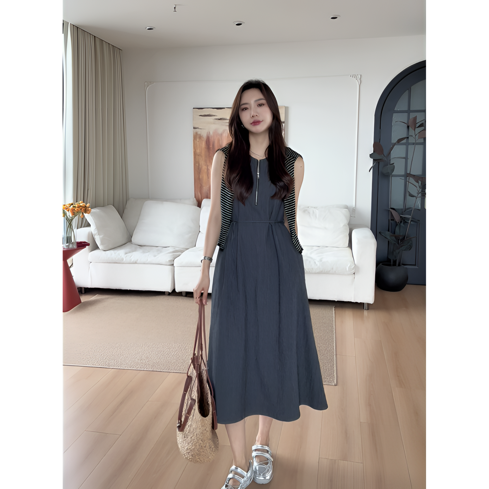 【余欢欢】夏季韩系气质高级灰无袖连衣裙-YHQ50079