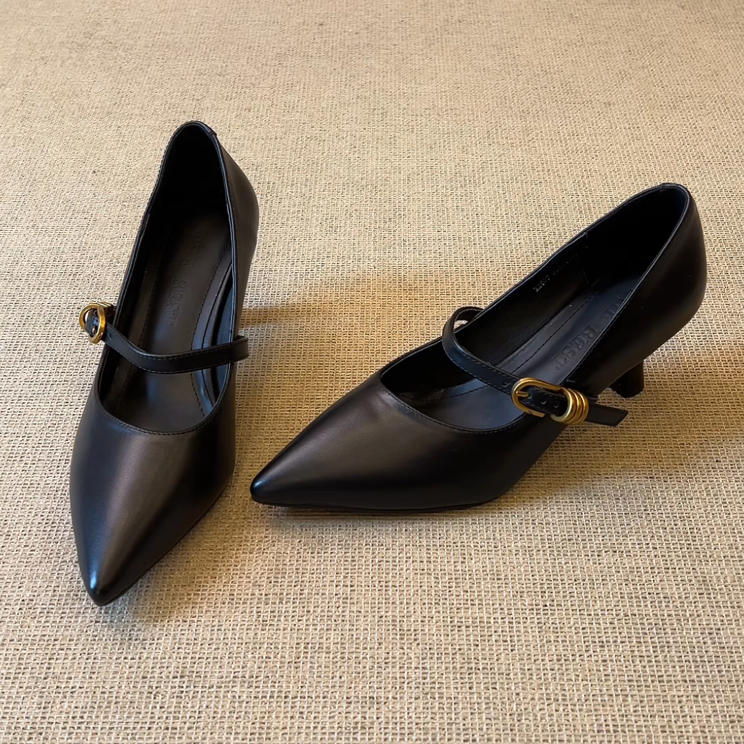 RubyL/6.5cm简约气质通勤百搭一字扣带尖头浅口细高跟单鞋女款