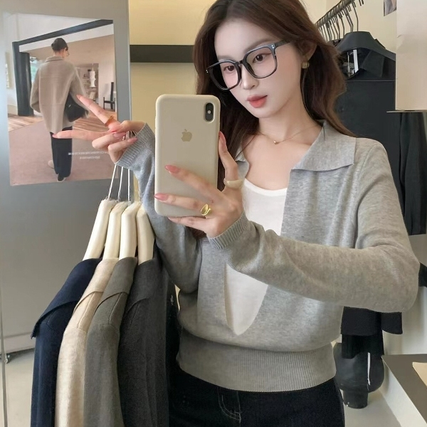 高级感假两件翻领设计感针织衫新款秋修身显瘦百搭气质上衣I3-63