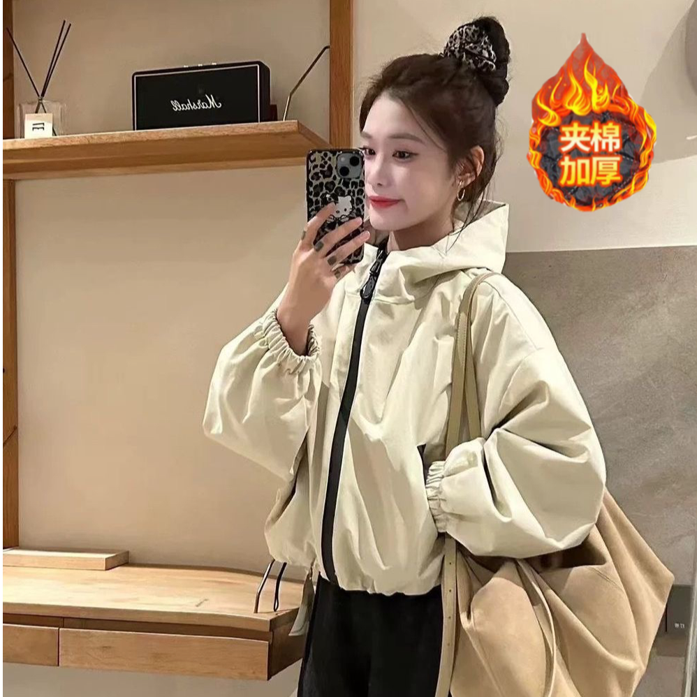 夹棉加厚纯色韩版连帽宽松休闲短外套百搭显瘦慵懒小个子冲锋衣女