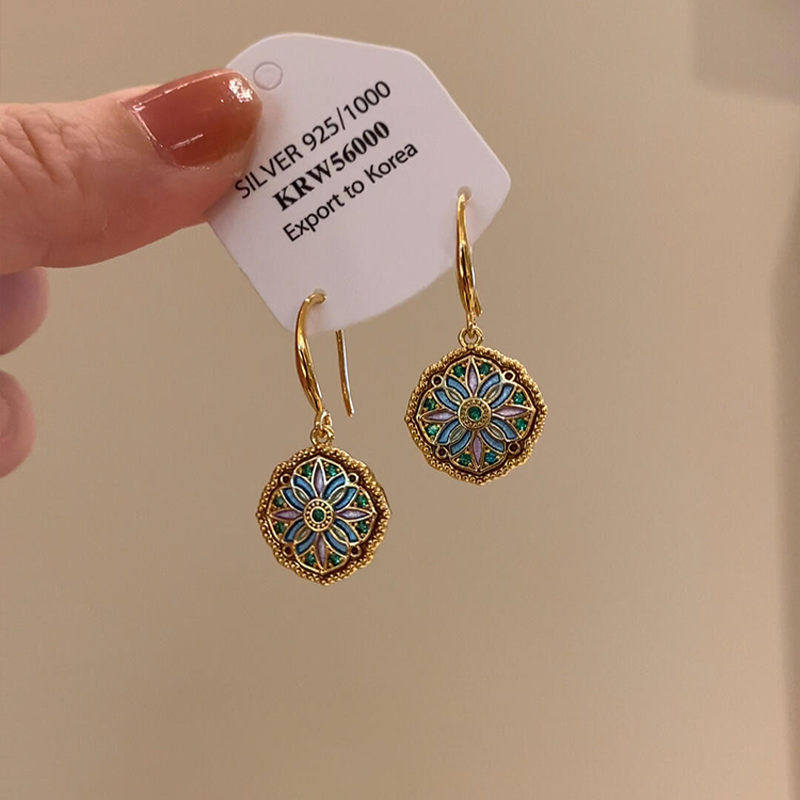 合金耳饰 莫奈花园~复古油画风耳钩花朵滴釉耳环高级感轻奢耳饰