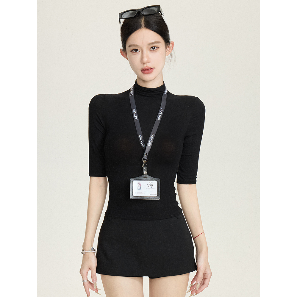 莫代尔白色半高领中袖T恤女2025新款夏季辣妹修身显瘦洋气上衣潮