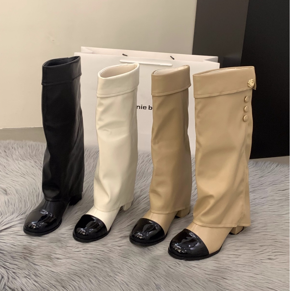 高跟拼接法式小香风长筒长靴女鞋2025秋冬季白色裤管堆堆骑士靴子