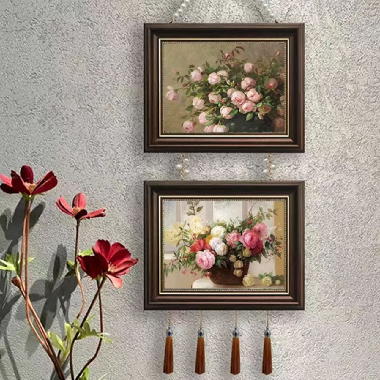 美式双联风格风景装饰沙发背景墙艺术鲜花油画客厅卧室时尚挂画m