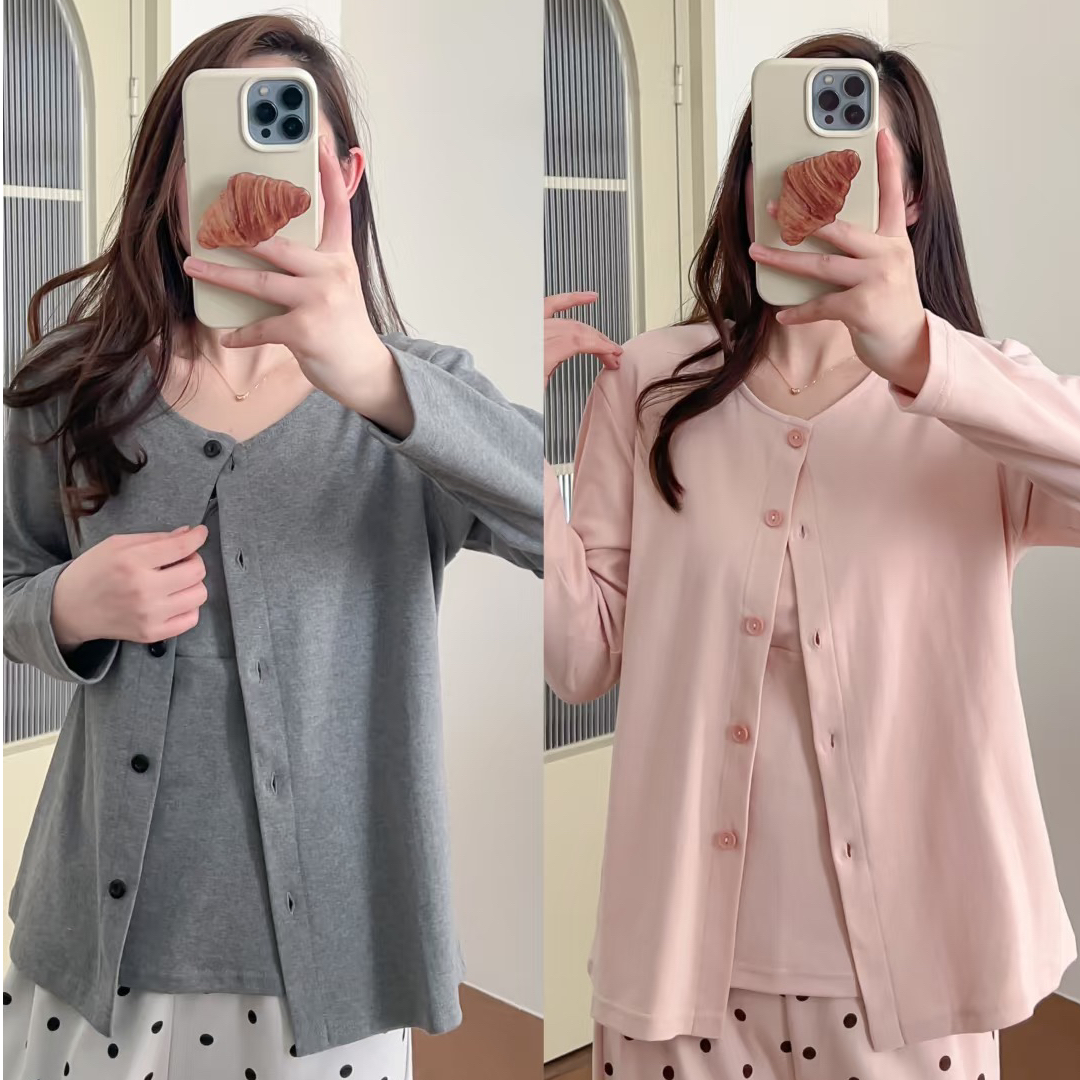 三件套月子服纯棉喂奶家居服睡衣套装孕妇带胸垫吊带长袖可调节