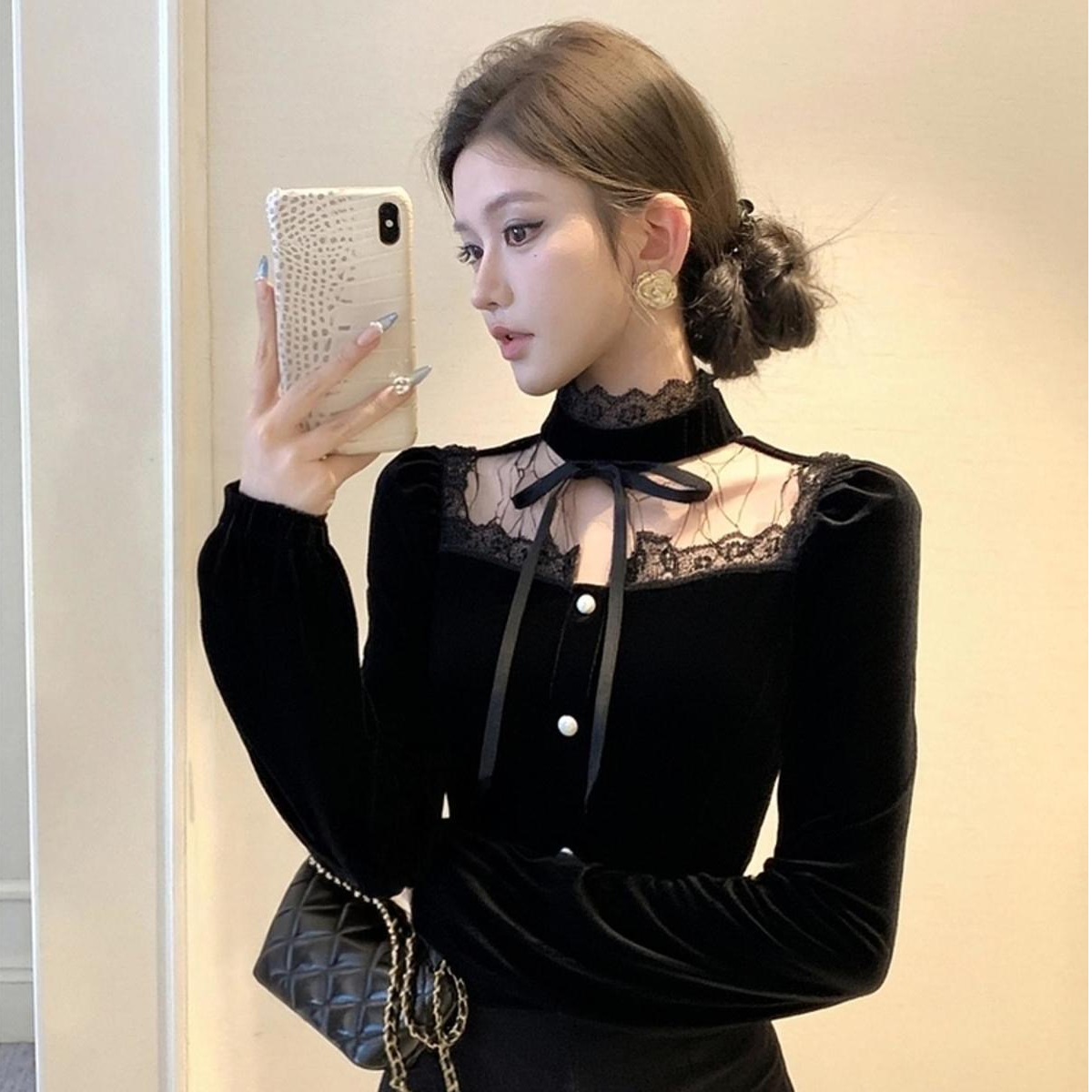 法式轻奢名媛镂空蕾丝拼接衬衫春秋季新款系带蝴蝶结减龄修身上衣