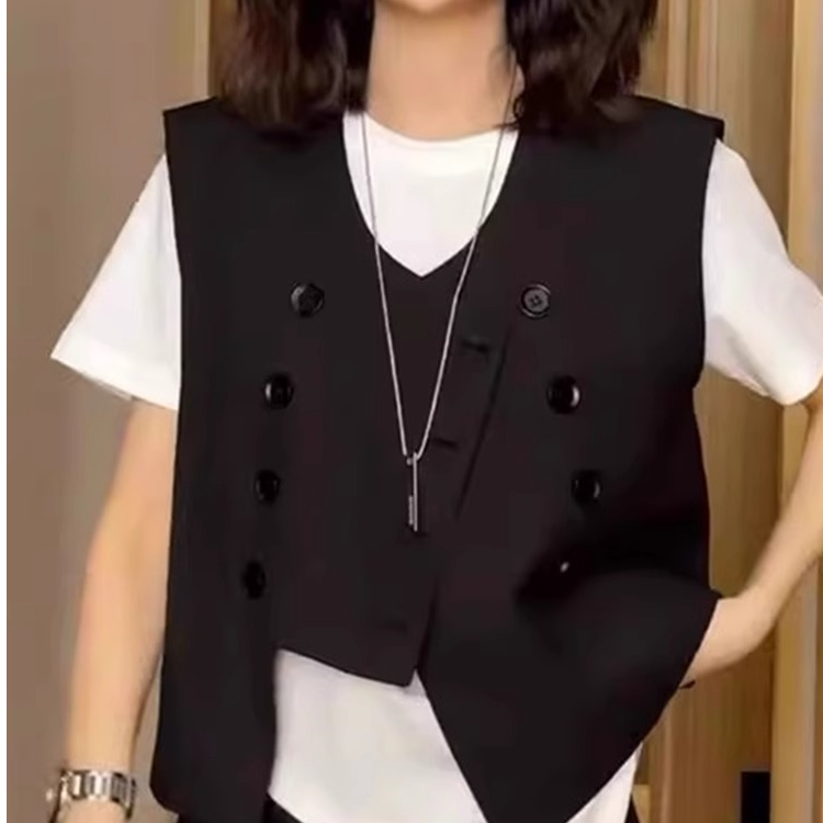 2025欧洲站春新款圆领双排多扣不规则简约时尚休闲西装马甲女8856