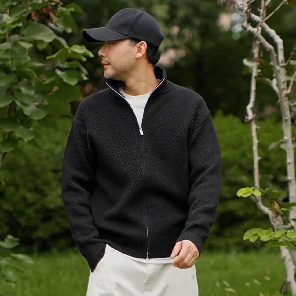 【布凡男装专属】秋冬季纯棉双层加厚针织拉链立领开衫外疏内密毛衣