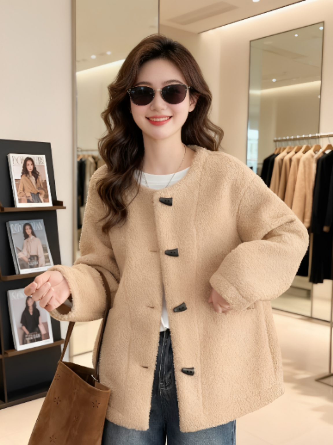 大码女装 胸114-138牛角扣羊羔毛外套2529#