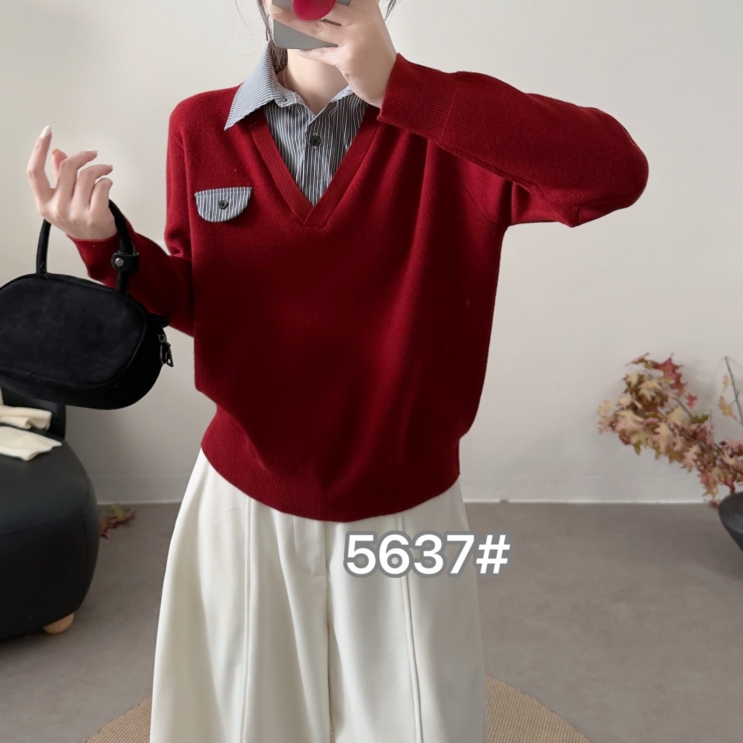 小施家白马高端欧货假两件衬衫领针织衫毛衣5637