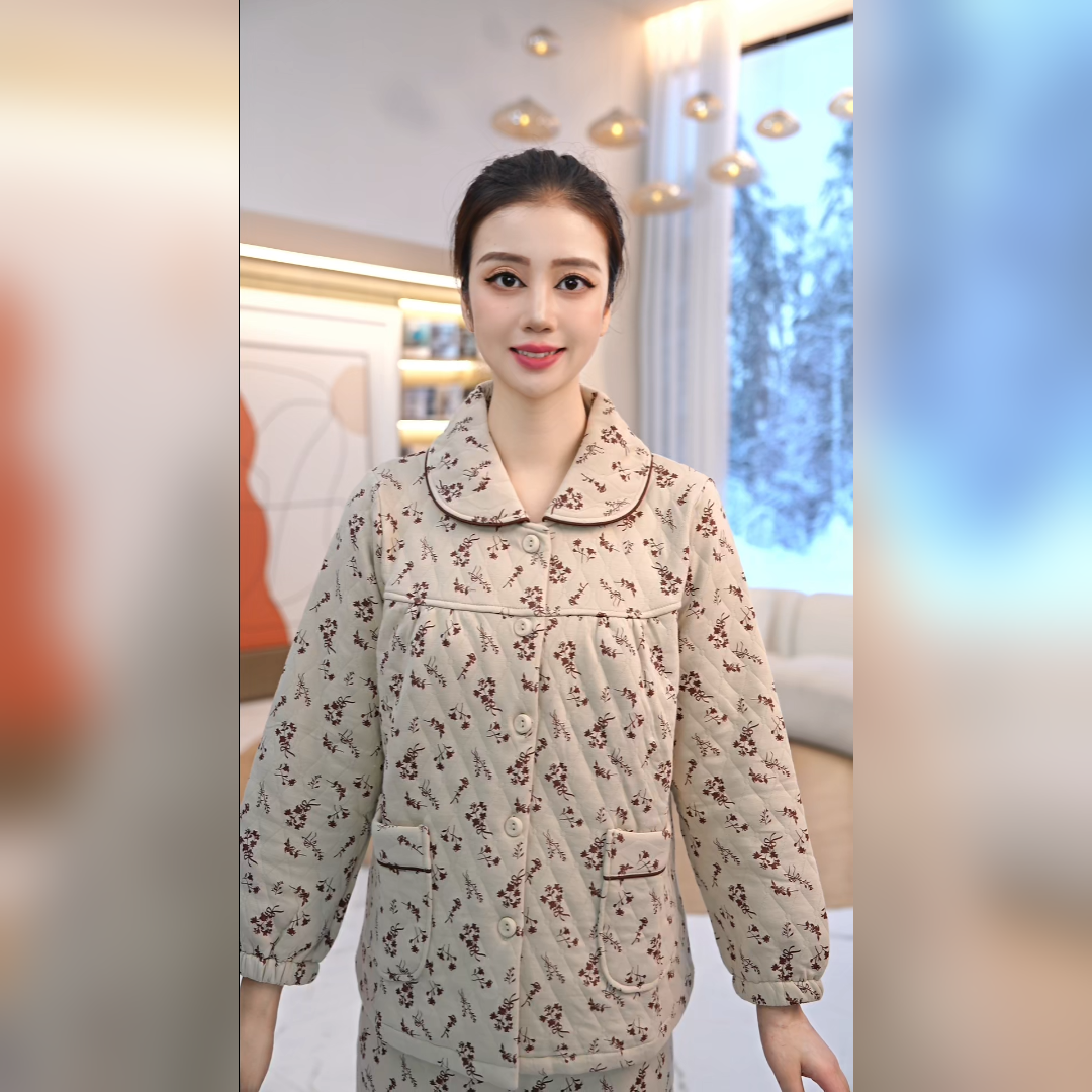 秋鹿菱形格夹丝布印花碎花田园扣领长长裤女套保暖家居服