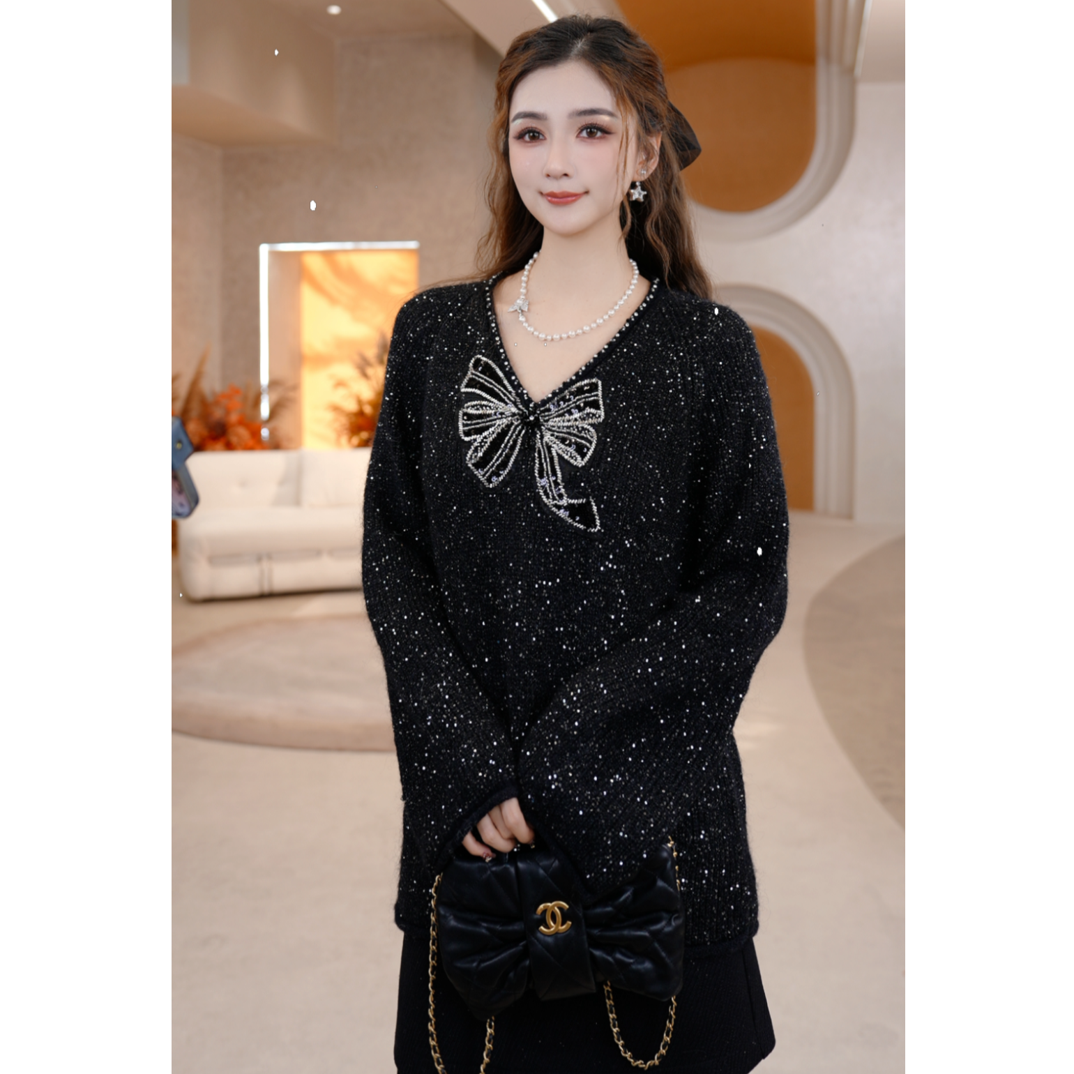 COCO BECCI【银河恋歌】绵羊毛钉珠蝴蝶细闪宽松针织衫CFLJD231326