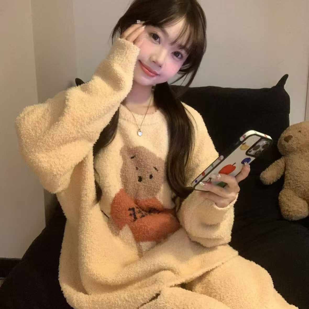 休闲可爱小熊半边绒睡衣女2025新款秋冬季加厚加绒保暖家居服套装