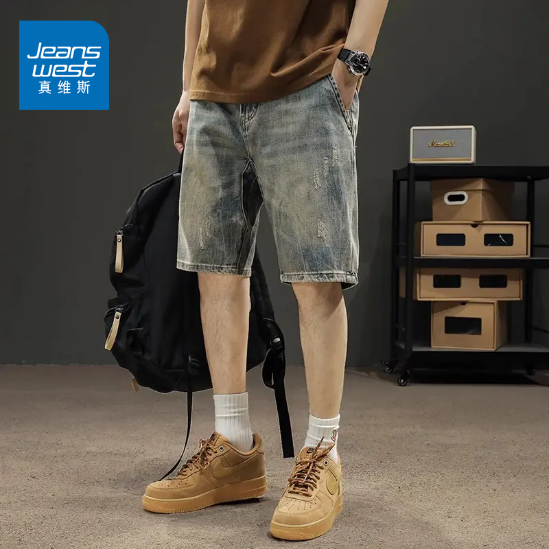Jeanswest/真维斯男士复古牛仔短裤夏季薄款美式宽松破洞五分裤男