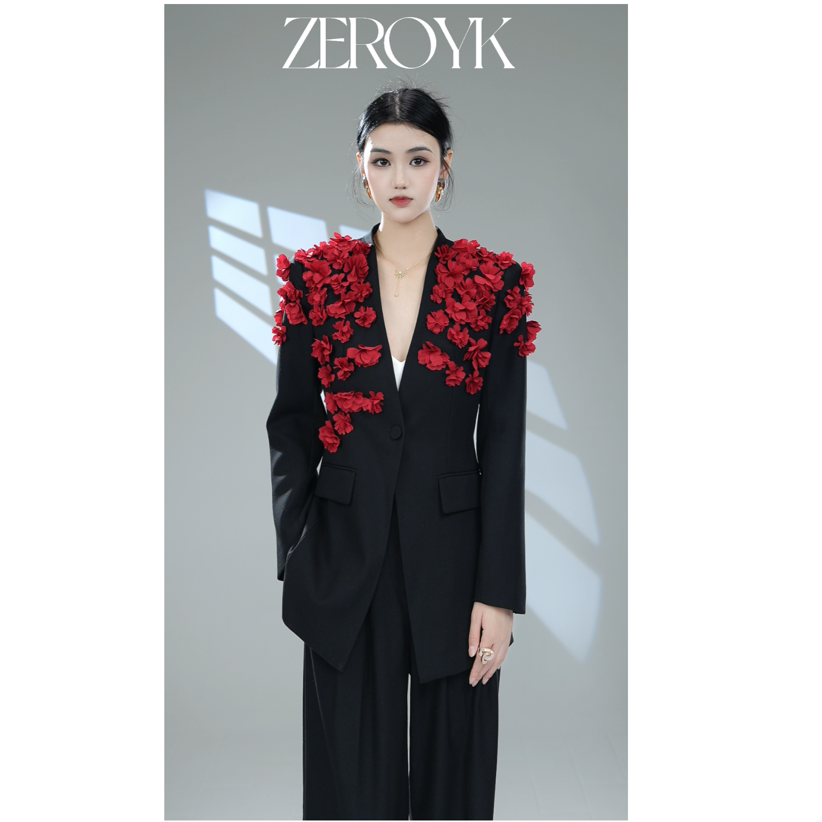 ZEROYK翎蔻 深圳南油原创高定系列手工剪花垫肩西装直筒长裤套装