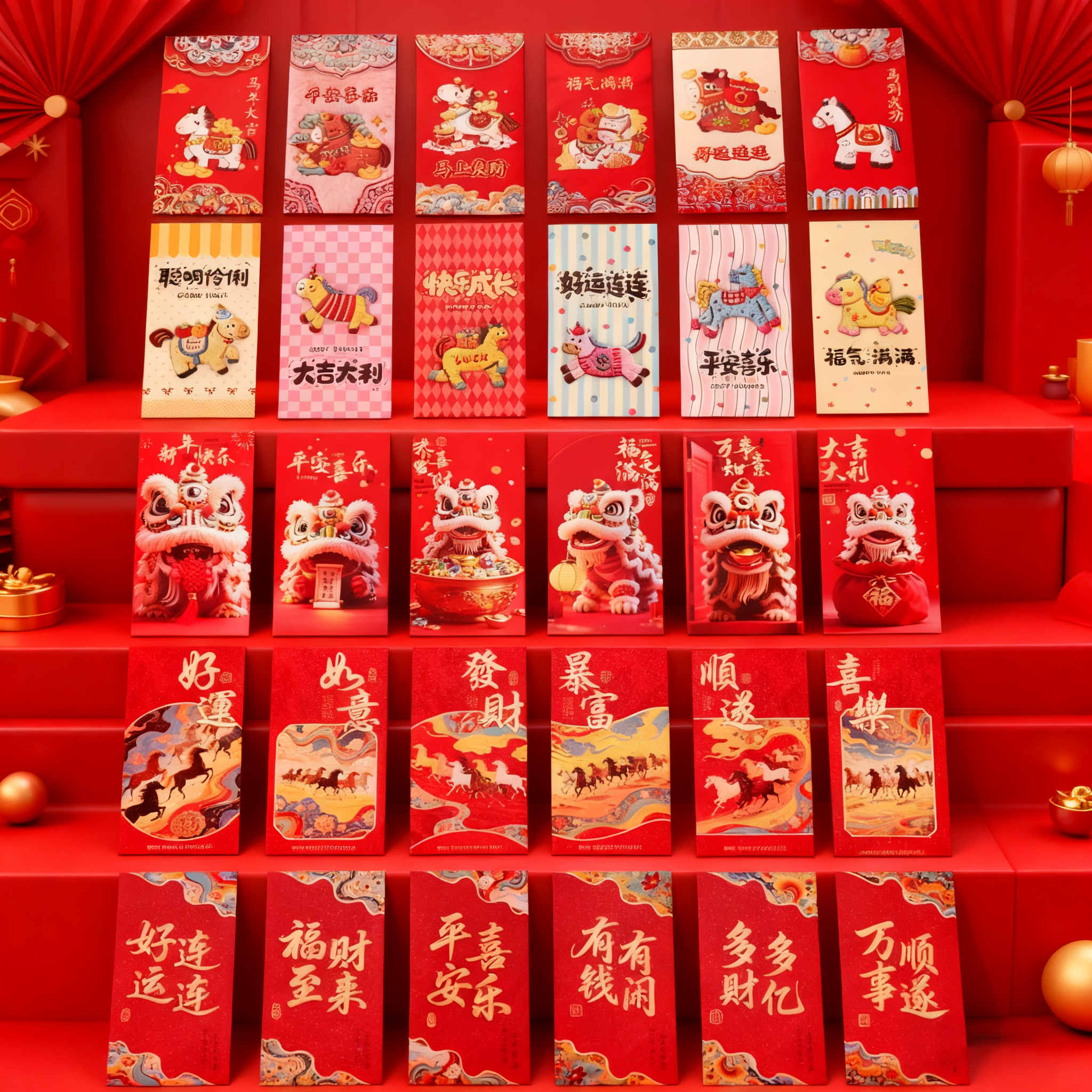 卡通【轻奢高端款30个】2026马年通用新款大号加厚3D工艺红包
