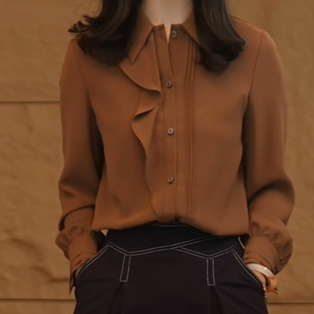 欧若风曼贝衬衫女士高级显瘦摩卡棕气质衬衣设计感复古百搭洋气
