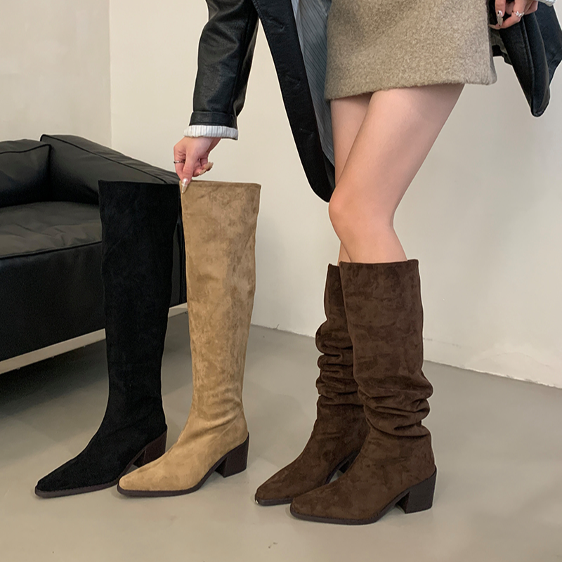 尖头高跟卡其色过膝长筒靴女靴2025秋冬季两穿骑士堆堆长筒骑士靴