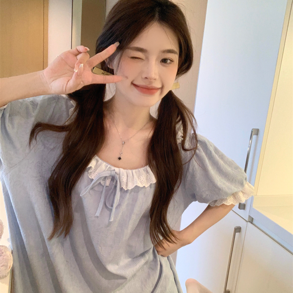 韩国ins甜美花边圆领纯棉睡裙女夏季短袖中长款宽松睡衣家居服薄