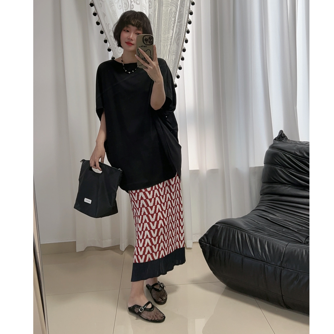夏季新款高腰显瘦拼接红色中长款三宅风褶皱裙子清冷系禅意衣服女
