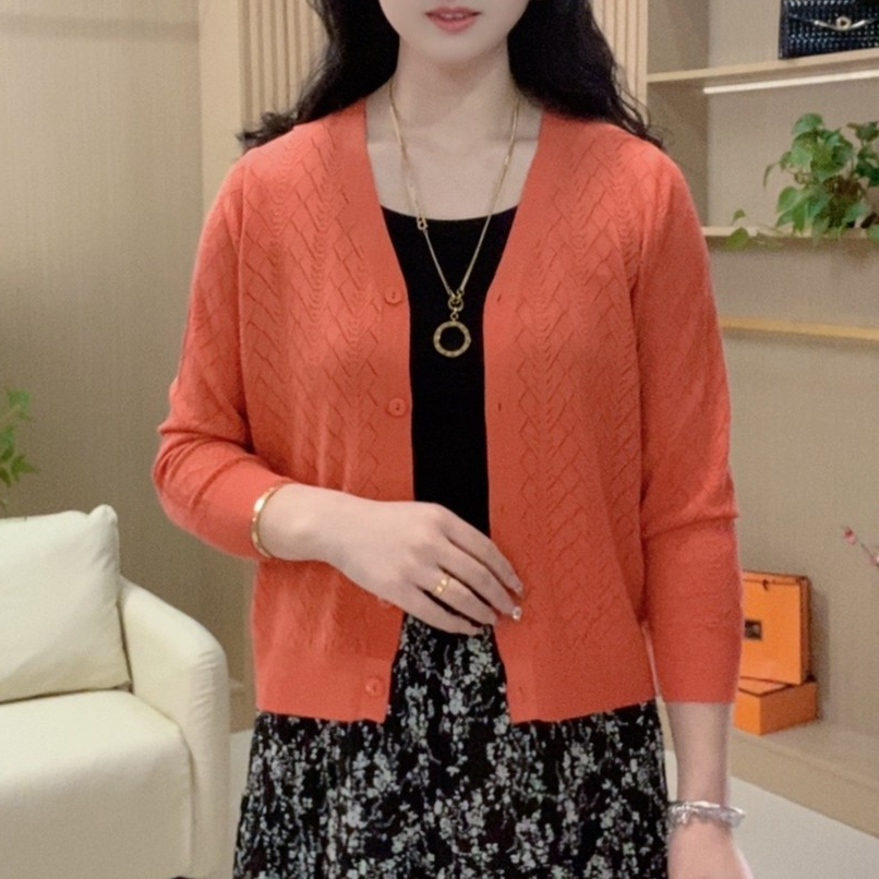 2025夏装新款时尚休闲百搭菱形格冰丝针织开衫外搭女空调衫防晒衫