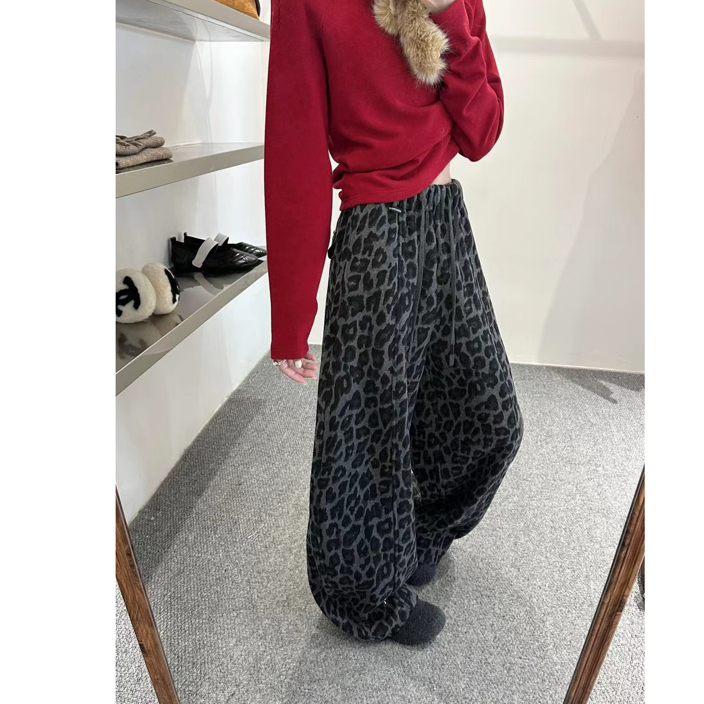 提花豹纹阔腿裤冬加厚直筒百搭豹纹休闲裤小众炸街入冬漂亮衣服