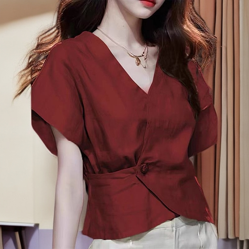 法式高级感短袖衬衫收腰v领时尚洋气高级感上衣女胖MM特大码300斤