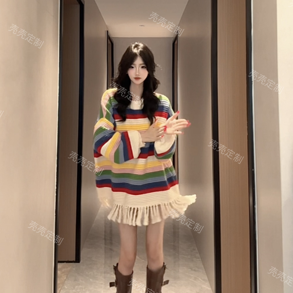 1设计感条纹流苏针织衫韩版套头毛衣百搭宽松慵懒风彩虹长袖上衣