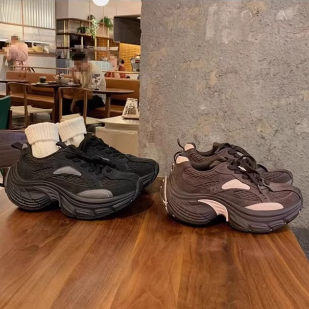 牛反绒~6.5CM厚底增高老爹鞋女拼色系带四季运动休闲鞋2026年爆款