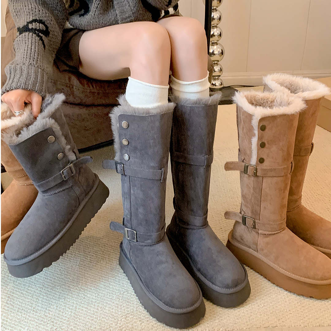 【咩咩球】厚底毛毛保暖雪地靴长筒2025年冬季新款皮带扣加厚毛棉鞋